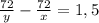 \frac{72}y-\frac{72}x=1,5