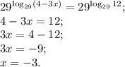 29^{\log_{29}\left(4-3x\right)}=29^{\log_{29}12};\\&#10;4-3x=12;\\&#10;3x=4-12;\\&#10;3x=-9;\\&#10;x=-3.