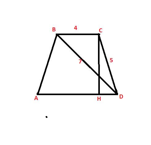 Меньшее основание равнобокой трапеции равно 4, боковая сторона 5, а диагональ 7. найдите площадь тра