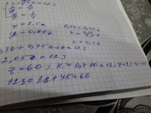 Представьте число 123 в виде суммы трех слагаемых x ,y и z, чтобы x: y=2: 5,а y: z=3: 4