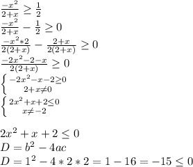 \frac{- x^{2} }{2+x} \geq \frac{1}{2} \\ \frac{- x^{2} }{2+x} - \frac{1}{2} \geq 0 \\ \frac{- x^{2}*2 }{2(2+x)} - \frac{2+x}{2(2+x)} \geq 0 \\ \frac{- 2x^{2} -2-x}{2(2+x)} \geq 0 \\ \left \{ {{- 2x^{2} -x-2 \geq 0} \atop {2+x \neq 0}} \right. \\ \left \{ {{2x^{2} +x+2 \leq 0} \atop {x \neq -2}} \right. \\ \\ 2x^{2} +x+2 \leq 0 \\ D=b^{2}-4ac \\ D=1^{2}-4*2*2=1-16=-15 \leq 0