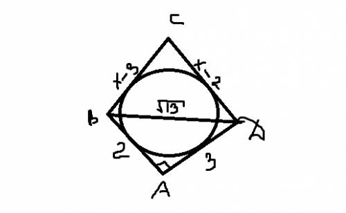 Около окружности описан четырехугольник abcd, в котором угол а=90, угол с=60, ав=2см, аd=3 см. найти