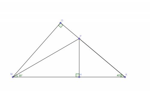 Втреугольнике mpk проведены высоты mo и ph. найдите угол mpoи kph. если даны два угла: угол mkp=40 г