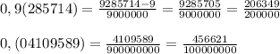 0,9(285714)= \frac{9285714-9}{9000000}= \frac{9285705}{9000000}= \frac{206349}{200000}\\\\0,(04109589)= \frac{4109589}{900000000} = \frac{456621}{100000000}