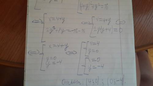 Решить систему уравнений x(в квадрате)+y(в квадрате)=16 x-y=4