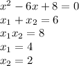 x^{2}-6x+8=0\\&#10;x_{1}+x_{2}=6\\&#10;x_{1}x_{2}=8\\&#10;x_{1}=4\\&#10;x_{2}=2\\