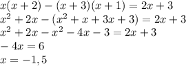 x(x+2)-(x+3)(x+1)=2x+3\\&#10;x^{2}+2x-(x^{2}+x+3x+3)=2x+3\\&#10;x^{2}+2x-x^{2}-4x-3=2x+3\\&#10;-4x=6\\&#10;x=-1,5\\