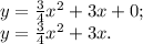 y= \frac{3}{4}x^2+3x+0;\\&#10;y=\frac{3}{4}x^2+3x.