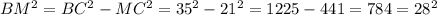 BM^{2} = BC^{2} - MC^{2} = 35^{2} - 21^{2} =1225-441=784=28^2