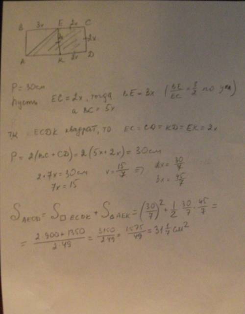Периметр прямоугольника abcd равен 30 см, где be : ec=3: 2; ecdk - квадрат. вычислите площадь фигуры