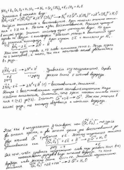 Расставьте коэффициенты методом электронно-ионного a) nh3+k2cr2o7+h2so4=n2+cr2(so4)3+k2so4+h2o б) co