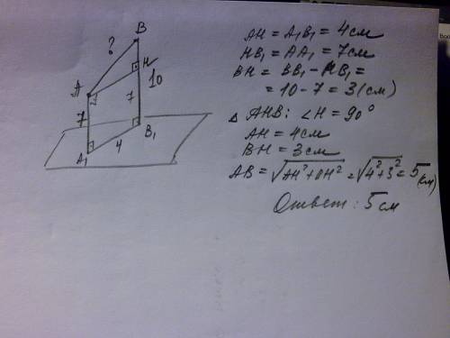 Из концов отрезка ab, не пересекающего плоскость, опущены перпендикуляры. их длины 7см и 10см, а рас