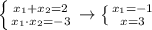 \left \{ {{x_1+x_2=2} \atop {x_1\cdot x_2=-3}} \right. \to \left \{ {{x_1=-1} \atop {x=3}} \right.