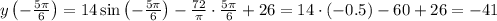 y\left(-\frac{5\pi}{6}\right)=14\sin \left(-\frac{5\pi}{6}\right)-\frac{72}{\pi}\cdot\frac{5\pi}{6}+26=14\cdot (-0.5)-60+26=-41