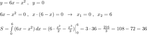 y=6x-x^2\; ,\; \; y=0\\\\6x-x^2=0\; ,\; \; x\cdot (6-x)=0\; \; \to \; \; x_1=0\; ,\; \; x_2=6\\\\S=\int\limits^6_0\, (6x-x^2)\, dx=(6\cdot \frac{x^2}{2}-\frac{x^3}{3})\Big |_0^6=3\cdot 36-\frac{216}{3}=108-72=36