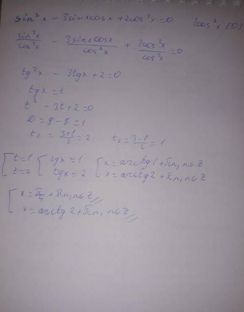 Найдите решение уравнения: sin²x-3sinxcosx+2cos²x=0 .заранее )