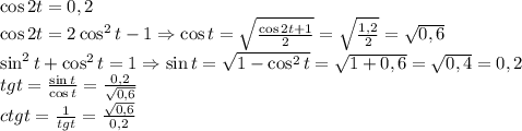 \cos2t=0,2\\\cos2t=2\cos^2t-1\Rightarrow\cos t=\sqrt{\frac{\cos2t+1}2}=\sqrt{\frac{1,2}2}=\sqrt{0,6}\\\sin^2t+\cos^2t=1\Rightarrow\sin t=\sqrt{1-\cos^2t}=\sqrt{1+0,6}=\sqrt{0,4}=0,2\\tgt=\frac{\sin t}{\cos t}=\frac{0,2}{\sqrt{0,6}}\\ctg t=\frac1{tgt}=\frac{\sqrt{0,6}}{0,2}