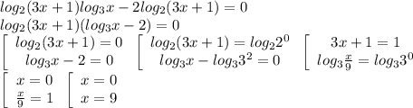 log_2(3x+1)log_3x-2log_2(3x+1)=0\\log_2(3x+1)(log_3x-2)=0\\ \left[\begin{array}{c}log_2(3x+1)=0\\log_3x-2=0\end{array}\right \left[\begin{array}{c}log_2(3x+1)=log_22^0\\log_3x-log_33^2=0\end{array}\right \left[\begin{array}{c}3x+1=1\\log_3\frac{x}{9}=log_33^0\end{array}\right \\\left[\begin{array}{c}x=0\\\frac{x}{9}=1\end{array}\right \left[\begin{array}{c}x=0\\x=9\end{array}\right