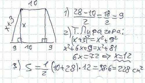 Основания равнобедренной трапеции равны 10 см и 28 см,а ее высота на 3 см короче боковой стороны. на