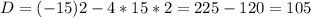 D=(-15) {2} -4*15*2=225-120=105