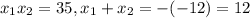 x_{1} x_{2} =35, x_{1} + x_{2} = -(-12)=12