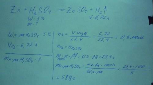 Какая масса раствора серной кислоты (концентрацией 5%) вступает в реакцию с цинком, если выделяется