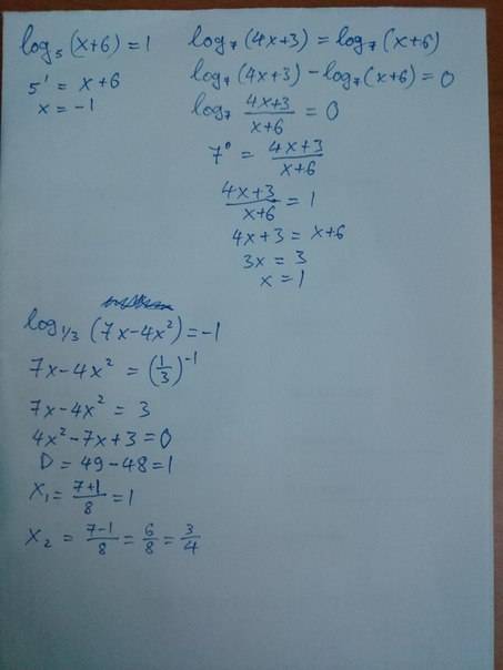 Log 5 (x+6) = 1 log 7 (4x+3) = log 7 (x+6) log 1 дробь 3 (7x-4x 2) = -1