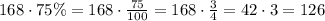 168\cdot75\%=168\cdot\frac{75}{100}=168\cdot\frac34=42\cdot3=126