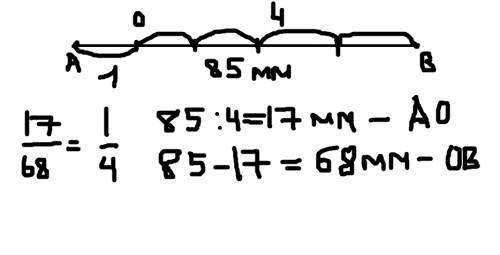 Отрезок ав длиной 85 мм. отметь на нём точку о так чтобы длина отрезка ао была в 4 раза меньше длины