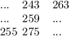 ... \:\:\:\:\: 243 \:\:\:\:\: 263 \\ ... \:\:\:\:\: 259 \:\:\:\:\: ... \\ 255 \:\: 275 \:\:\:\:\: ...