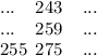 ... \:\:\:\:\: 243 \:\:\:\:\: ... \\ ... \:\:\:\:\: 259 \:\:\:\:\: ... \\ 255 \:\: 275 \:\:\:\:\: ...