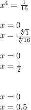 x^{4}= \frac{1}{16} \\ \\ x=0 \\ x= \frac{ \sqrt[4]{1} }{\sqrt[4]{16}} \\ \\ x=0 \\ x= \frac{1}{2} \\ \\ \\ x=0 \\ x=0.5 \\