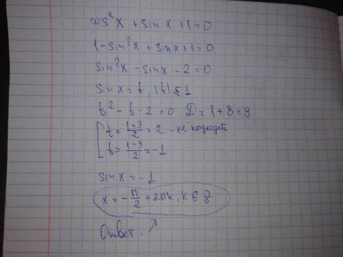 Cos^2x+sinx+1=0 пацаны и девчата по братски