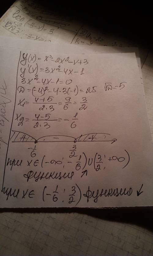 Определите промежутки возрастания и убывания функции у(х)=х^3-2x^2-х+3 за лучший ответ 30