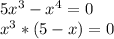 5 x^{3}- x^{4}=0 \\ x^{3}*(5-x)=0