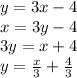 y=3x-4\\x=3y-4\\3y=x+4\\y= \frac{x}{3}+ \frac{4}{3}