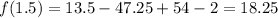 f(1.5)=13.5-47.25+54-2=18.25