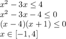 x^2-3x\leq4\\x^2-3x-4\leq0\\(x-4)(x+1)\leq0\\x \in [-1, 4]\\