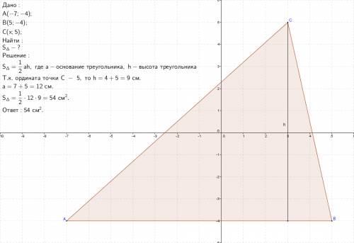 Найдите площадь треугольника авс если точка а(-7; -4), в(5; -4), ордината точки с равна если знаешь