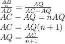 \frac{\frac{AD}{n}}{AD}=\frac{AQ}{AC-AQ }\\&#10; AC-AQ=nAQ \\&#10; AC=AQ(n+1)\\&#10; AQ=\frac{AC}{n+1}