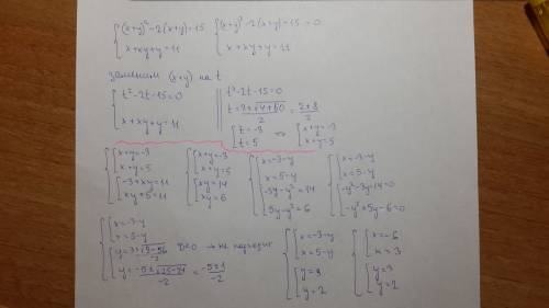 Как решать { (х+у) в квадрате -2(х+у)=15 { х+ху+у=11?