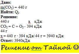 Рассчитайте количество теплоты в кдж поглотившейся при разложении 440 г углекислого газа c+o2- 394 к