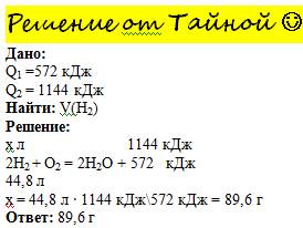 Нужно подробно решить . по уравнению реакции: 2h2 (г) + o2 (г) = 2h2o (ж) + 572 кдж, рассчитайте объ