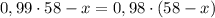 0,99 \cdot 58 - x = 0,98 \cdot (58-x)