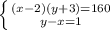 \left \{ {{(x-2)(y+3)=160} \atop {y-x=1}} \right.