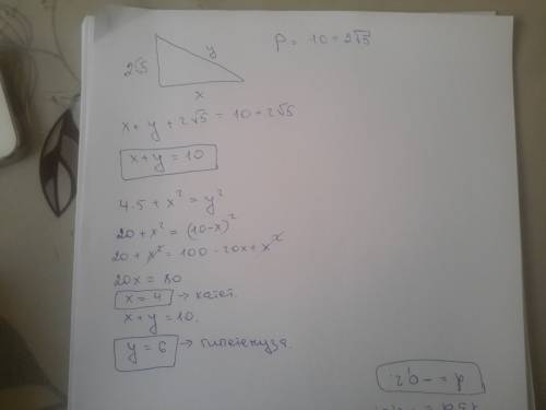 Если один из катетов прямоугольного треугольника равен 2 корень из 5 см и периметр - 10 +2корень из