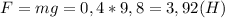 F=mg=0,4*9,8=3,92(H)