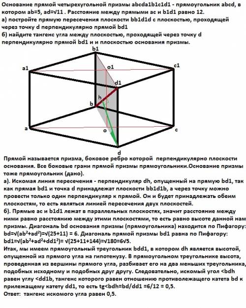 Основание прямой четырехугольной призмы abcda1b1c1d1 прямоугольник abcd, в котором ab=5, ad=11^1/2 (