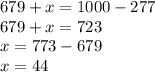 679+x=1000-277\\ 679+x=723\\ x=773-679\\x=44