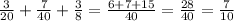 \frac{3}{20} + \frac{7}{40} + \frac{3}{8} = \frac{6+7+15}{40} = \frac{28}{40} = \frac{7}{10}